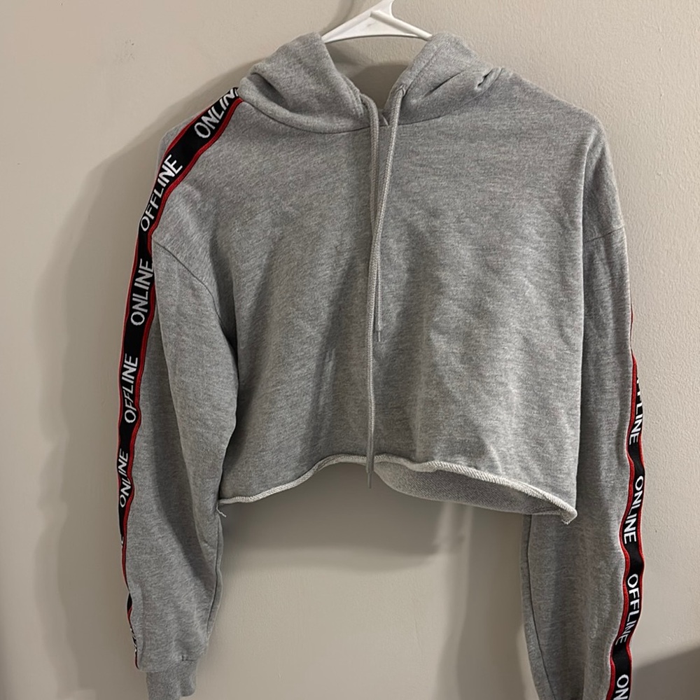 Gray Cropped Hoodie with Black and Red Trim